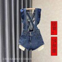 COD jfdss [Manufacturer Quick Shipment] Blue Denim Suspender Shorts Women 2022 Summer New Style Design Feel Ruffled Strap Large Size Slimmer Look