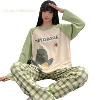 Spring Autumn Knttted Womens Pajamas Sets Teen Funny Pjs Cartoon Dinosaur Sleepwear Homewear Girls Pijamas Mujer Pyjama Fashion