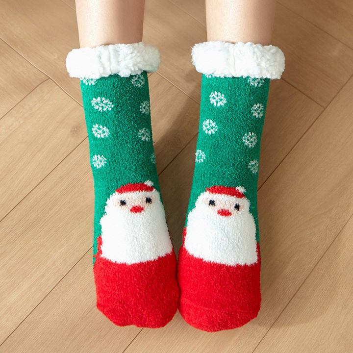 ถุงเท้ากันหิมะถุงเท้าพื้นถุงเท้าพรมฤดูหนาวขนแกะหนาพิมพ์ลายสำหรับผู้หญิงกันลื่น