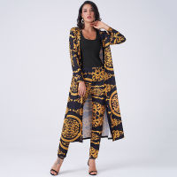 New Summer Women 2 Pieces Set Vintage Palazoo Print High Waist Elastic Pants Long Sleeve Open Front Coat Homewear Business Suit