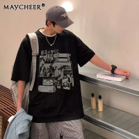 MAYCHEER   เสื้อยืดแขนสั้นย้อนยุคชายเสื้อแขนสั้นการ์ตูนแขนสั้นทรงหลวมแนวสตรีทไซส์ใหญ่