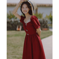 Spot parcel post Summer 2022 New French Style Red Dress Bride Marriage Engagement Clothes Daily Style Back Door Red Dress Children