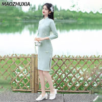 MAOZHUXIA 2023ใหม่ชุดกี่เพ้ากำมะหยี่หนาปรับปรุงใหม่ยาวปานกลางกระโปรงส่วนท้ายหวาน