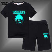 ROBLOX เสื้อยืดแขนสั้น + กางเกงขาสั้นลายการ์ตูนเรืองแสงในที่มืด 2 ชิ้นสําหรับเด็กผู้ชาย a