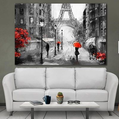 Rain City Street Scenery ภาพรูปวาดวิวบนผืนผ้าใบปารีสภาพรถสีเหลืองต้นไม้สีแดงสำหรับห้องนั่งเล่นศิลปะบนผนังเหอหยวนอนาคต