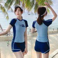 Women short sleeve swimwear set 2022 new swimsuit female split belly cover slim conservative sports student cute hot spring er swimsuit