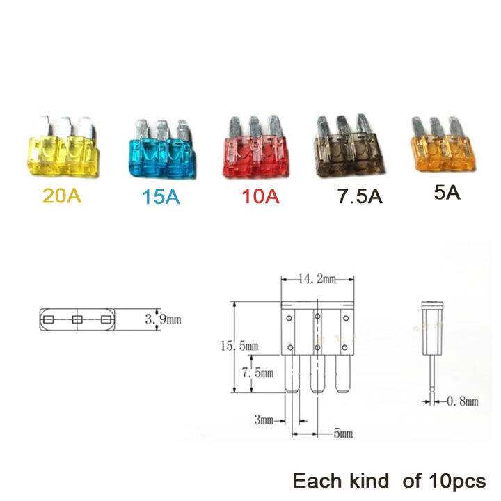 50ชิ้นเซ็ตฟิวส์3-pins-ยานยนต์ฟิวส์รถสำหรับฟอร์ดโฟกัส-mondeo-dodge-5a-7-5a-10a-15a