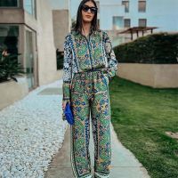 【JH】Print Women Pajama Set 2 Pcs with Pants Long Sleeve Ladies Sleepwear Fashion Top and Pant Green Color Homewear for Female New