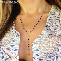 ✓ Gold Silver Color Chain Black Crystal Beads Necklace Cross-pendant Y Shap Body Jewelry Fashion Jewellery Collier Ras Du Cou