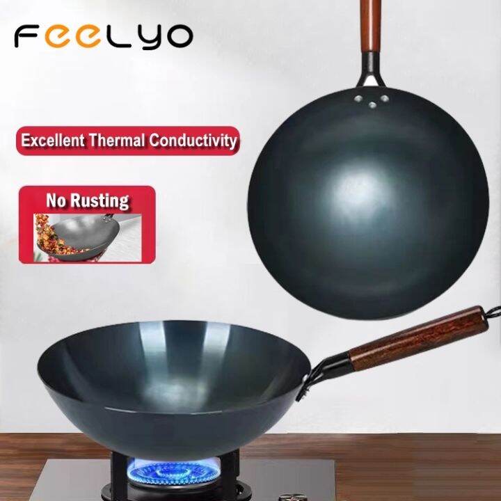 FEELYO Kawali Wok Pan Non Stick Wok Pan Black Carbon Steel Wok for Gas