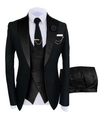 ชุดสูทธุรกิจทรงสลิมฟิตสำหรับผู้ชาย,ชุดทักซิโด้สีดำสำหรับเจ้าบ่าวชุดสูทงานแต่งทางการเสื้อแจ็คเก็ต3ชิ้น