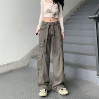 Cargo pants women new retro plain multi pockets wide leg straight cal cotton grey green