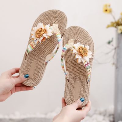 2023 imitation hemp travel bottom sandals Han sun flower flip-flops beach slippers