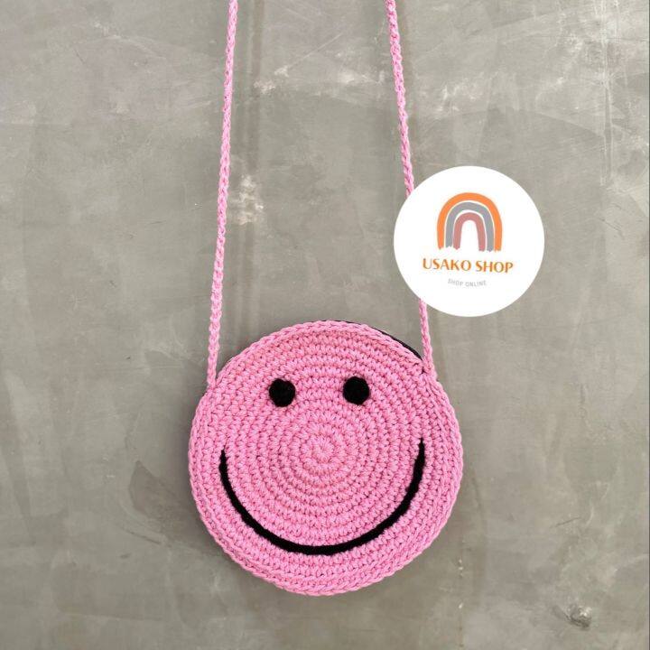 กระเป๋าถักหน้ายิ้ม-กระเป๋าถักไหมพรม-งานถักมือ-หน้ายิ้ม-smiley-crochet-bag-มีพร้อมส่ง