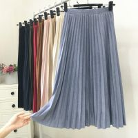 【CW】 11colour Woman Skirts Color Faux Suede Leather Pleated Skirt Elastic Waist Ladies