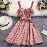 fashion women plaid dress new summer spaghetti strap slim a line dresses ladies casual clothing