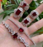 【lz】❃☜△  Pure 925 Sterling Silver Jewelry Set Para As Mulheres Red Rubi Gemstone Natural Set Jóias Pulseira Anel Brincos Partido Set Jóias