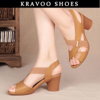 KRAVOO รองเท้าแตะส้นสูงปานกลางสำหรับผู้หญิงสีพื้นรองเท้าแตะผู้หญิงรองเท้าแฟชั่นเปิดนิ้วเท้ารองเท้าฤดูร้อน