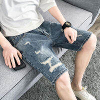 Celana Pendek Denim ลำลองผู้ชายเทรนด์ฤดูร้อนแฟชั่นใหม่กางเกงเจาะรูกางเกงยีนส์บางและหลวมลำลองกางเกงขาสั้นห้าจุด