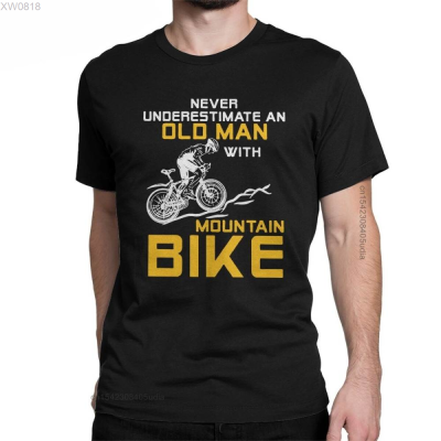 Underestimate Never (สต็อกเพียงพอ) Mens An Old Man With A Mountain Bike T Shirt Bicycle MTB Cotton Tee Shirt for Men Camisas T-Shirtคุณภาพสูง size:S-5XL