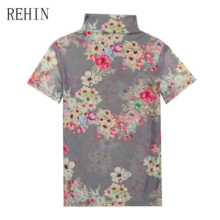 rehin-ผู้หญิงฤดูใบไม้ร่วงใหม่แฟชั่นตาข่าย-slim-คอสูงดอกไม้แขนสั้นเสื้อยืด-s-3xl-bottoming-เสื้อ