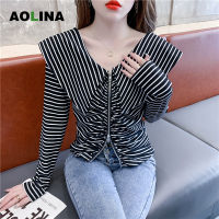 AOLINA ฤดูใบไม้ร่วงและฤดูหนาวออกแบบจีบคอวีผู้หญิง Ruffled Stripes Slim Fit และ Slim High-End ซิปเสื้อแขนยาว