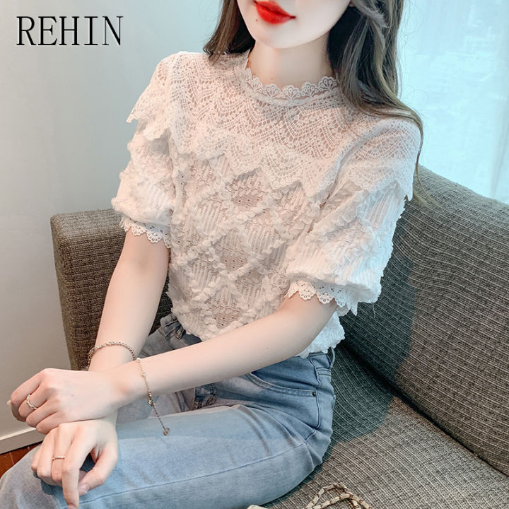 rehin-เสื้อเบลาส์แขนสั้นสำหรับผู้หญิง-เสื้อลำลองแขนพองคอกลมหลวมสไตล์เกาหลีแบบใหม่ฤดูร้อน