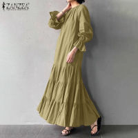 ZANZEA Women Maxi Dress 2021 Autumn Ruffles Sundress Casual O Neck Long Flare Sleeve Solid Party Vestidos Oversize Dresses Robe