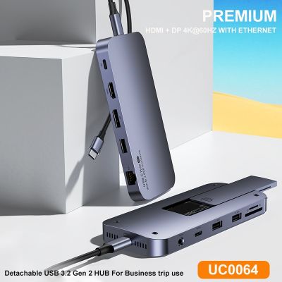 USB C MST HUB HDMI 4K60HZ DisplayPort 4K 60HZ แท่นวางมือถือพร้อม USB3.2 GEN2ฮับ10G ชนิด C ตัวอ่านการ์ดอีเธอร์เน็ตกิกะบิต M.2 SDD Feona