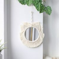 กระจกทรงกลมแขวนผนัง Macrame กับรูปลอกโบโฮขอบ Macrame ตกแต่งศิลปะบนผนังโบฮีเมียสำหรับเด็กทารกเด็กเด็กหญิงสถานรับเลี้ยงเด็ก