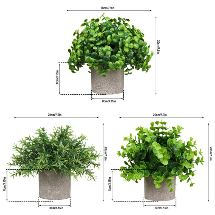 กระถางปลูกดอกโรสแมรี่ยูคาลิปตัสเทียมขนาดเล็ก3ชิ้นต้นไม้กระถางต้นไม้ปลอมเทียมสำหรับตกแต่งสวนกระถางโรสแมรี่