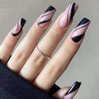 24Pcs Black Wave Line Long Coffin False Nail Wearable Simple French Ballerina Fake Nails DIY Full Cover Nail Tips Press On Nail