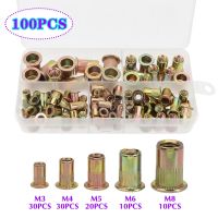 100PCS Carbon Steel Rivet Nuts M3 M4 M5 M6 M8 Flat Head Rivet Nuts Set Nuts Insert Reveting Multi Size Collocation