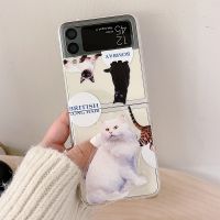 ▪ Cute White Pet Cat Photo Printed Holder Clear Phone Case For Samsung Galaxy Z Flip 3 5G Z Flip3 Animal Transparent Hard PC Cover