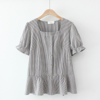 【มีไซส์ใหญ่】Plus Size XL-4XL Womens Plaid Blouse Short Sleeve Vintage OL Tops Square Neck Summer Blusas