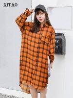 XITAO Dress Plaid Thin Irregular Dress Women Casual Shirt Dress