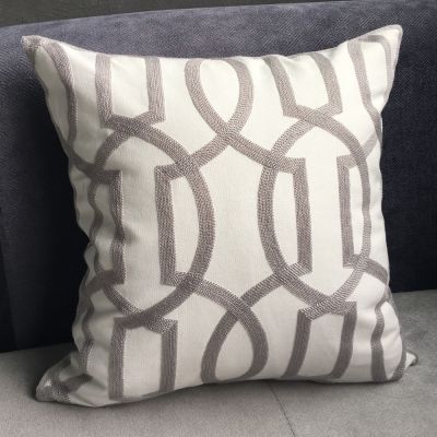 Geometric Cord Embroidery Gray &amp; Green Cotton Cushion Cover 45x45cm
