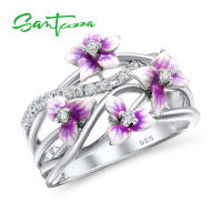 SANTUZZA Silver Jewelry Set for Women 925 Sterling Silver Purple Flower Earrings Ring Set Trendy Fine Jewelry Handmade Enamel