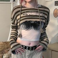 ☋卍✻ Y2K Hollow Out Crop Top Knitted Retro Long Sleeve T Shirt Women Summer Sun Protection Breathable Cardigans Patched Tee Sweater