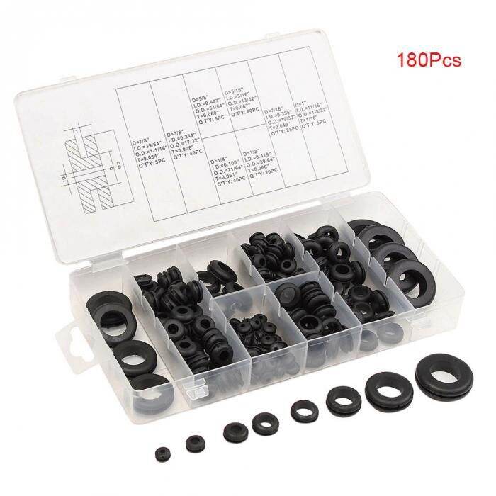 180pcs Grommet Assortment Kit Round Rubber Grommet Black 8 Sizes Plugs