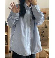 ▼☒ French blue and white striped sunscreen long-sleeved top for women in spring and autumn plus size fat mm design polo collar shirt jacket summer