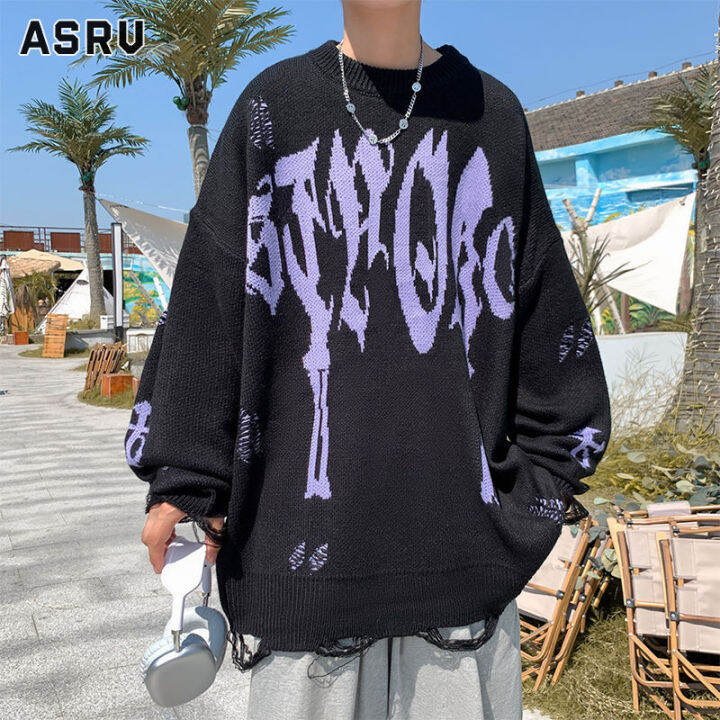 asrv-เสื้อกันหนาว-ผช-เสื้อกันหนาว-ผู้ชาย-สเวตเตอร์ชาย-sweaters-for-men-สำหรับทั้งหญิงและชายเสื้อสเวตเตอร์เสื้อสเวตเตอร์ผ้าแจ็คการ์ดตัวอักษรโบราณแขนยาวเสื้อกันหนาวทรงหลวมๆเสื้อยืดคอกลม