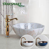 YANKSMART Bathroom Ceramic Vessel Washbasin Sink Set Antique Brass Deck Mounted Faucet Pop-up Drain Sink Kit Cold &amp; Hot Water Ta