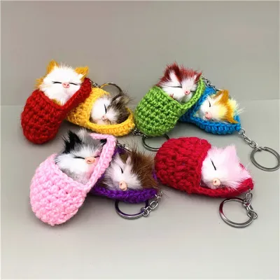 Sleepy Cat Bag Charm Cute Animal Bag Accessory Hand-knitted Slipper Plush Cat Bag Pendant Cute Sleeping Cat Keychain Kitten Key Ring