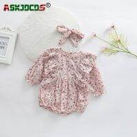 ❆◙✽ Macacão floral para recém-nascido feito de algodão manga cheia com tiaras meninas 0 a 3 anos outono 2019