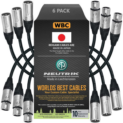 WORLDS BEST CABLES 6 Units - 1 Foot - Balanced Microphone Cable Custom Made Using Mogami 2549 (Black) Wire and Neutrik NC3MXX &amp; NC3FXX Silver XLR Plugs