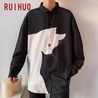 [High-end clothing} RUIHUO ผู้ชายเสื้อเชิ้ตพิมพ์ลายแมวสำหรับเสื้อผ้าสไตล์เกาหลีเสื้อแขนยาวเสื้อผ้าฮาราจูกุ5XL 2023ฤดูใบไม้ผลิ