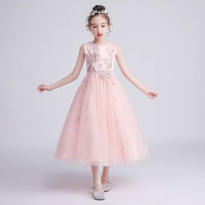 Kids Girls Dress age 4 to 14 Embroidery Beads Wedding Long Gowns Sleeveless Stage Costume Girls Princess Dress fw1