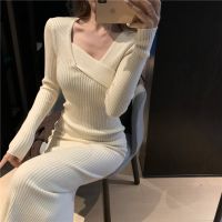 2021Long Sleeve Square Neck Black Knitted Dress Women Autumn Winter Tight Slim Temperament Wrap Hip Back Split Sweater Dress Solid