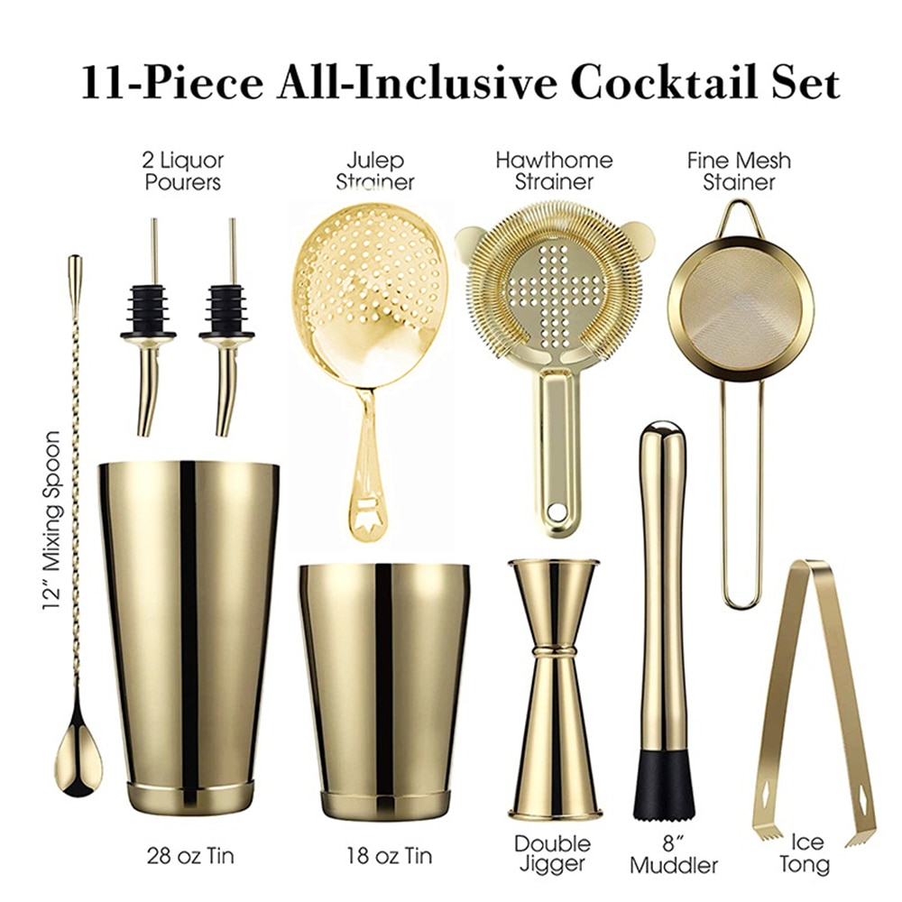 Cocktail Shaker Bar Set: 2 Weighted Boston Shakers Cocktail Strainer Set Jigger Muddler and Spoon  Ice Tong and 2 Bottle Pourer Bar Wine Tools